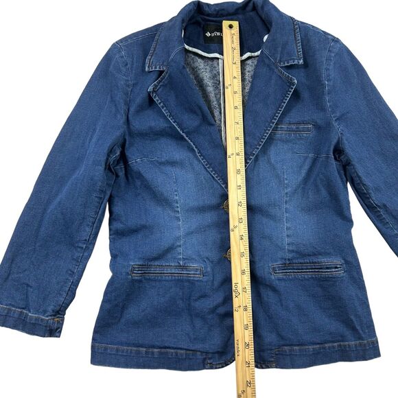 Sisline Blue Denim Blazer Jacket Womens S Two Button Stretch Pockets 3/4 Sleeve - Picture 4 of 10